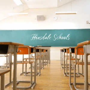 low shot of school classroom with writing on a chalk board Hinsdale schools